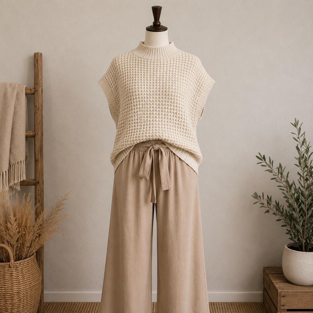 Cream Waffle Knit Sweater Vest Mock Neck Sleeveless Chunky Pullover Large